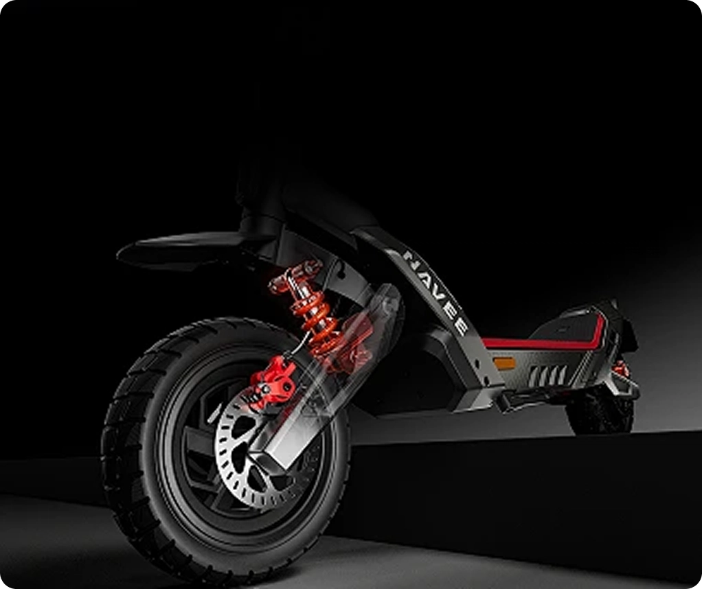 Double lateral damping arm suspension at the front and rear